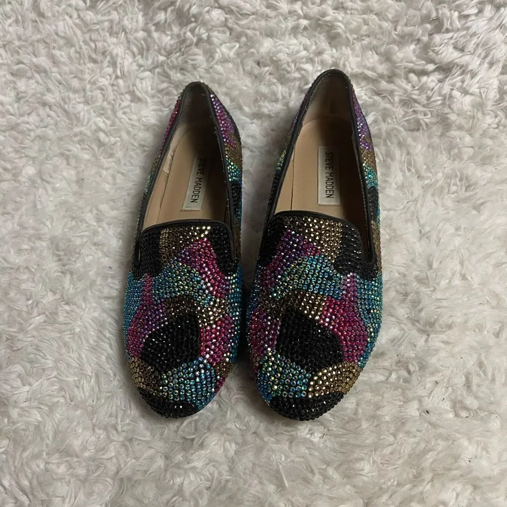 Steve Madden synthetic Multi color Rhinestones loafers leather soles SZ7